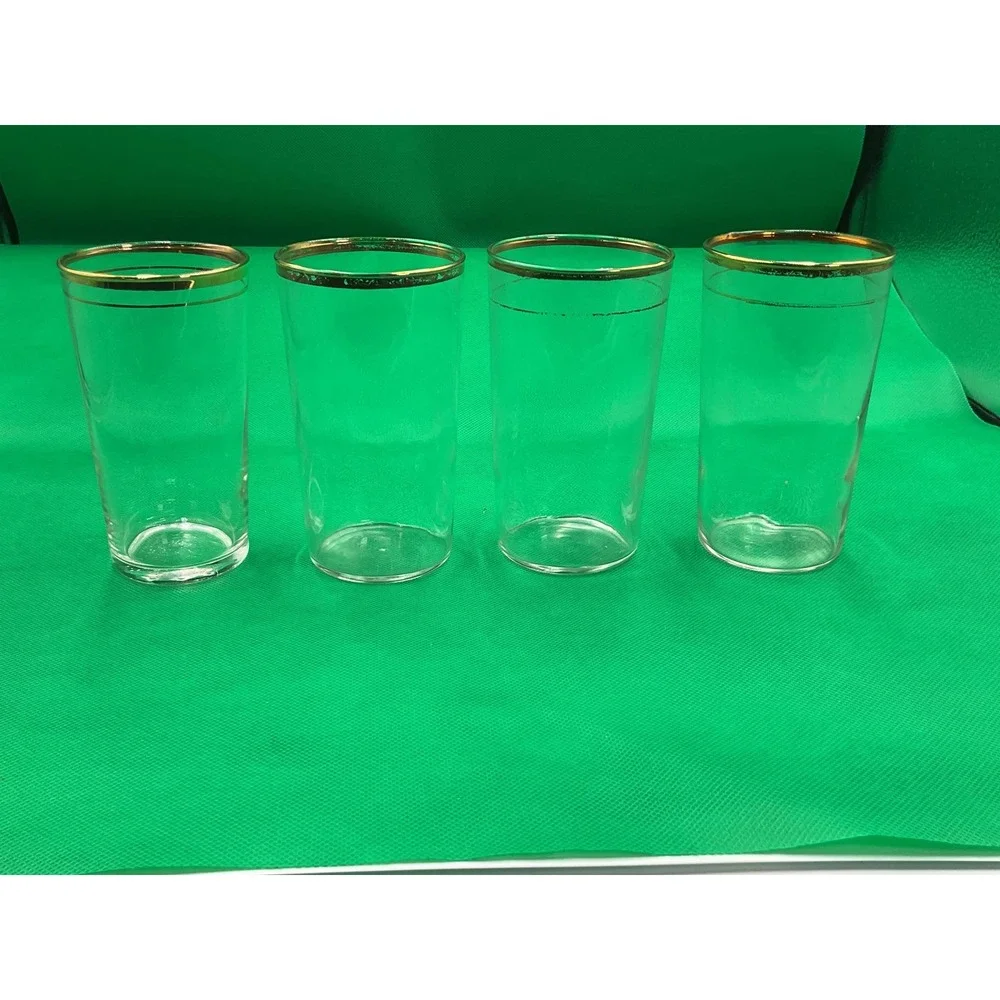 Vintage 1930s Gold‐Gilded Rim Juice Glasses – Set of 4 – Clear Glass with Gold B